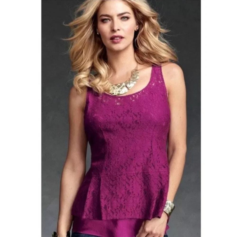 CAbi #131 Boysenberry Purple Lace Peplum Sleeveless Top Sz XS Career Corp